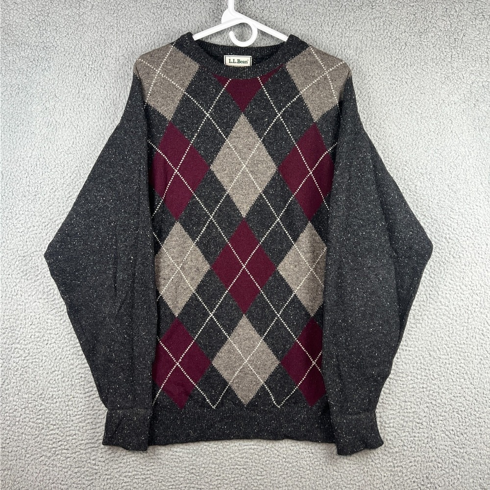 VTG LL Bean Sweater Mens L 100%‎ Lambswool Knit Scotland Grey White Fleck Argyle
